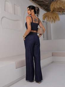 Women's High Waisted Flared Jeans With Elastic Waistband - 帶弓/暗 - 查看 2