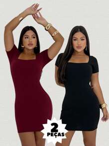 kit com 2 vestidos curto feminino basico casual decote quadrado tubinho - Preto e Marsala - Visão 1
