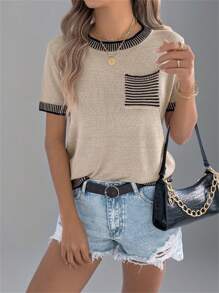 Women's Round Neck Colorblock Striped Pocket Short Sleeve Knit Beach Vacation Top, Summer - Khaki - View 6