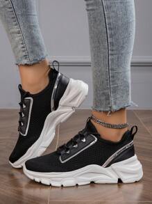 女士系带运动鞋，纯色简约轻便透气休闲鞋，舒适百搭减震健身跑步鞋 - 黑色 - 查看 1