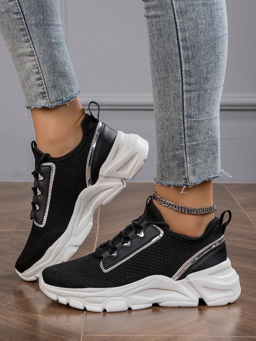 女士系带运动鞋，纯色简约轻便透气休闲鞋，舒适百搭减震健身跑步鞋 - 黑色 - 查看 1