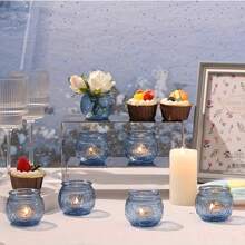 Vintage Glass Candle Holders] Vintage Glass Votive Candle Holders -Blue Candle Holders Bulk For Party Decoration, Tea Lights & WeddingShower Gift - Multicolor - View 8