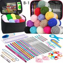 طقم كروشيه كامل بالإبرة والغزل - يشمل الغزل والإبر والإكسسوارات ، طقم كامل للحياكة اليدوية (كل ألوان المنتج والتغليف عشوائية)