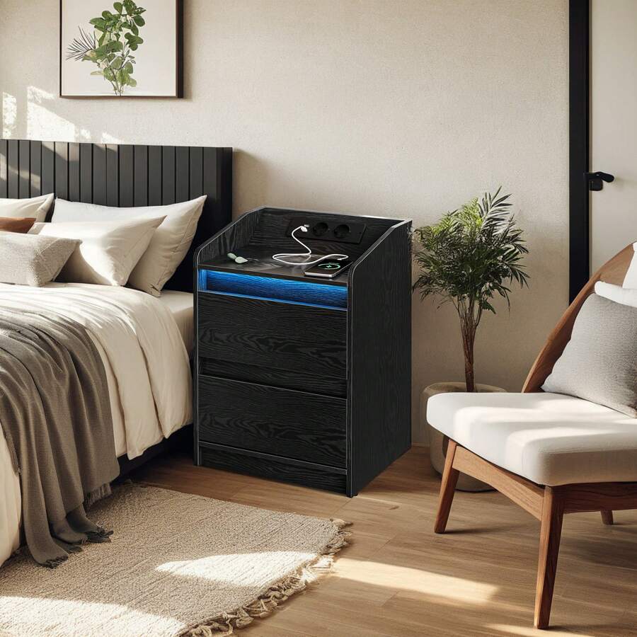 Hzuaneri Table De Chevet Élégante Blanche Avec 3 Tiroirs En Tissu, Étagère De Rangement Et Station De Recharge 2 Prises + 2 USB