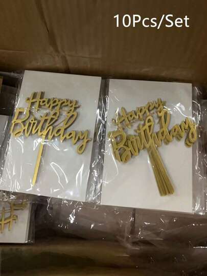 10pcs Happy Birthday Acrylic Cake Topper, Birthday Cake Decor Topper, Party Decor Supplies, Modern Letter Graphic Cake Top Decoration Mirror Golden Acrylic Multifunctional Cake Decor Topper, For Birthday Party Decoration Ideas, Perfect Keepsake For Your Family And Friends, Valentine Day