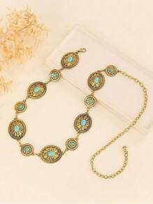 复古别致手工铁艺银色可调节腰链，热带花卉印花锌合金花朵腰带，适合婚礼、春夏秋冬、夏季、秋季、万圣节等场合。 - 金色 - 查看 5