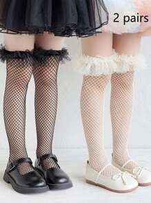 1/2/3 双女童镂空蕾丝边网眼长筒袜，柔软透气时尚过膝袜，春夏 - 彩色 - 查看 12