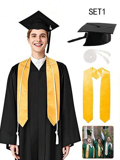 1/3PCS Graduation Cap And Sash/Shoulder Strap/Honor Cord, Graduation Cap, Doctoral Cap, Academic Gown Cap, Graduation Ceremony Cap, High School And University Graduation, Solid Color Graduation Ceremonial Sash, Satin For Honors, Graduation Party
