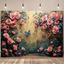 1 pieza Fondo de corona de poliéster con mariposas, luz amarilla suave, apto para decoración de entrada, habitación, jardín, adecuado para cumpleaños, eventos primaverales