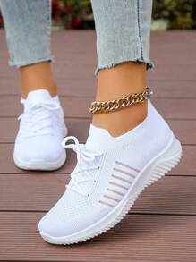 Women's Casual Sneakers, Comfortable Breathable Versatile Fashion White Lace-Up Sports Shoes, Student Shoes