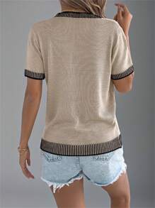 Women's Round Neck Colorblock Striped Pocket Short Sleeve Knit Beach Vacation Top, Summer - Khaki - View 2