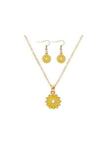 Set de 3 piezas: Collar con colgante de flor de margarita chapada en metal, pendientes minimalistas, conjunto de joyería de moda para niñas y amigas