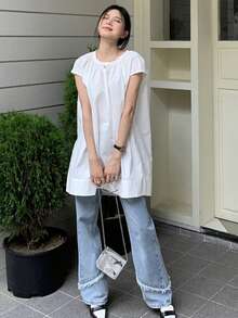 2025夏季女装新款白色法式宽松衬衫淑女休闲长款无袖衬衫韩版设计 - 白色 - 查看 2