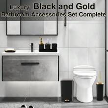 Black Bathroom Accessories Set 8 Piece Black And Gold Bathroom Set, Bathroom Sets With Stainless Steel Trash Can,Toilet Brush,Toothbrush Set,Soap Dispenser