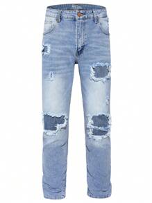 Men's Stretch Regular Fit Straight-Leg Ripped Cotton Fashion Comfort Flex Waist Denim Pants Jeans - 中等水洗藍 - 查看 9