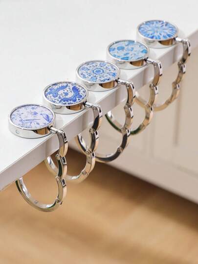 1pc Blue And White Porcelain Zinc Alloy Handbag Hook With Mature Style Fold Wallet Hanging Rack, Portable Restaurant And Bar Table Purse Holder, Unique Gift Idea, Portable Hook | Elegant Accessory | Shiny Metal Finish, Wallet