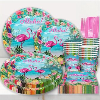 10/20 piezas Conjunto de suministros para fiestas con temática hawaiana de flamencos, incluye 10 piezas de platos de papel de 7"/9", 20 piezas de servilletas de flamencos, 20 piezas de vasos de papel, para fiestas de verano en la playa, cumpleaños, reuniones familiares y picnics al aire libre.