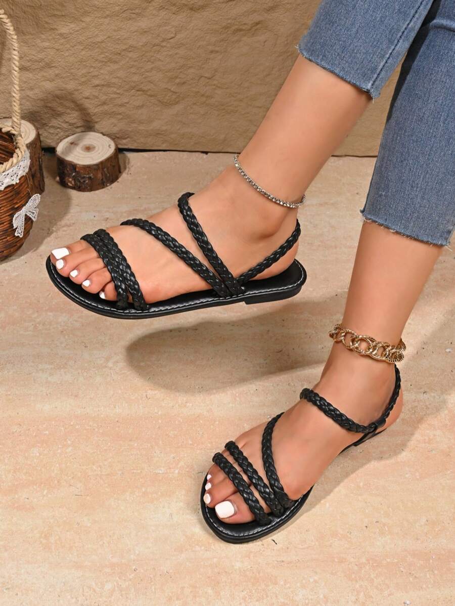 Damskie płaskie, okrągłe, skórzane, tkane, wielopaskowe sandały w stylu boho, w jednolitym kolorze, odpowiednie do codziennego noszenia, na plażę, imprezę, festiwal muzyczny, letnie spotkania - Czarne - Zobacz 1