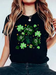 Sonographer Ultrasound Tech Shamrock St Patricks Day T-Shirt Print Cotton T-Shirt For Summer, Women's Soft Short Sleeve Top, Stylish Comfy Tee For Women Graphic Tees - 黑色 - 查看 1