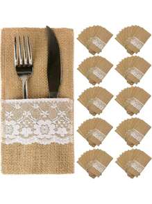 5pcs/15pcs Linen Cutlery Bag, 8.6*4.3in, Beige Coarse Burlap, Lace Silverware Holder, Flax Knife And Fork Cutlery Bag, Suitable For Vintage Country Wedding Party,Christmas