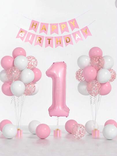 1 Set Of 34pcs New Baby's 1st Birthday Party Foil Balloon Decoration Set, Includes Balloons, Pull S, Backdrop Cloth, Birthday Decoration