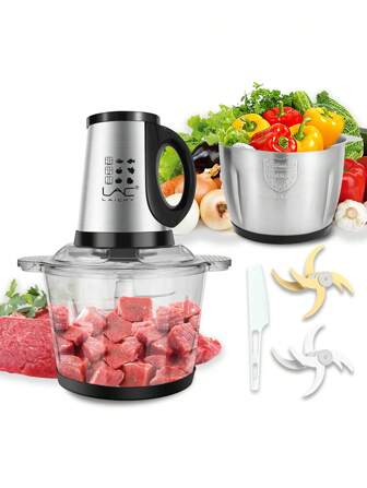 LAC 1pc Electric UK Plug 3.8L Stainless Steel & Glass Multi-Functional Bowl With Lock Mechanism, No Need For Blades, For Mincing Meat And Garlic Grinding