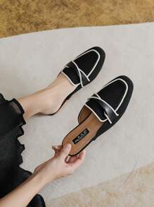 秋冬女士方头露背穆勒鞋，平底一脚蹬乐福拖鞋 - 黑色 - 查看 4