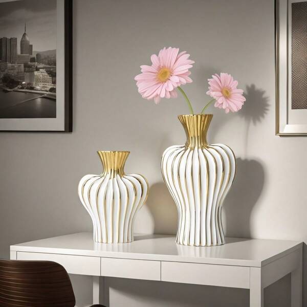 European Modern Minimalist Electroplated Striped White Ceramic Vase, Home Decor Accessory, Flower Pot, Tabletop Decoration, Office Desk Display, Craft Gifts Birthday Graduation