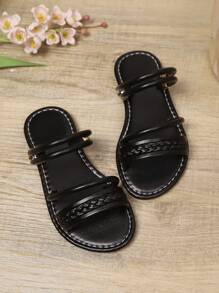 1 par de sandalias planas de playa de niñas pequeñas/niñas pequeñas de PU trenzado negro con correa de hebilla ajustable, punta redonda, antideslizante, sandalias romanas de moda y lindas para el hogar, adecuadas para niñas de 3 a 15 años, uso diario casual, fiesta, vacaciones, verano nuevo