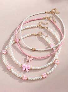 4pcs/Set Handmade Pink Heart & Butterfly Pearl Bead Necklace, Suitable For Children Girls Everyday Wear