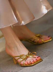 Square Toe Bowknot Decor Sweet Flat Sandals For Women - Gold - View 8