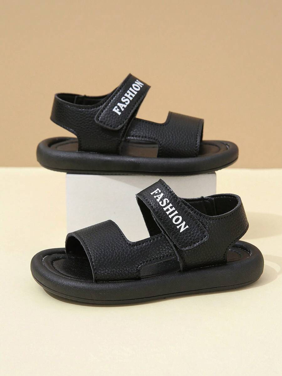1 Pair Boy & Girl's Summer Open Toe Fashion Sandals, PU Material Rubber Sole Flat Cute Sandals Suitable For Summer Outdoor Beach - Black - View 1