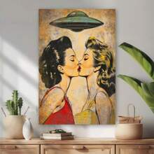 Framed Retro Love & Sci-Fi UFO Art Deco Canvas Print - Modern Lesbian Couple Wall Art Decor Poster, Ink On Canvas, Wall Hanging For Home Office, Living Room, Bedroom - Indoor Artistic Decor - Framed - View 1