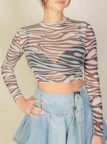Zebra Print Sexy Sheer Mesh Top - USA - Print 314 Brown - View 2