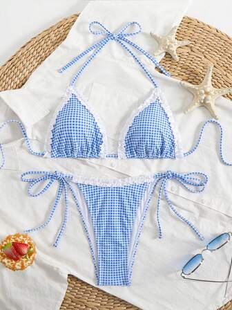 Sexy Cute Plaid Print Frill Trim Bikini Set For Women, Suitable For Beach & Pool, For Summer Vacation