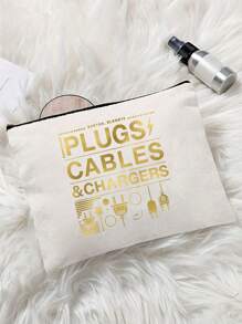 Golden Travel Charger Data Cable Pattern Theme Printed Zipper Makeup Bag,Large Capacity Makeup Bag, Cosmetic Bags,Cosmetic Bag With Data Cable Pattern, Red Air Cushion Storage Portable Storage Bag, Makeup Bag, Skincare Bag, Travel Essentials, Dormitory Supplies, Wedding Bride Gifts, Mother Gifts, Birthday Gifts, Gifts For Friends And Teachers, Bathroom Storage Make Up Bag - Multicolor - View 6