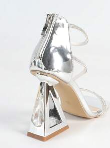Fashionable Women High Heel Sandals With Rhinestone Straps, Backzip Closure Design Minimalist Strap Square Toe Sandals Silver Metallic Triangular Heel High Heel Sandals Chic Metallic Outdoor Summer Regular Sandals Women Silver Sandals