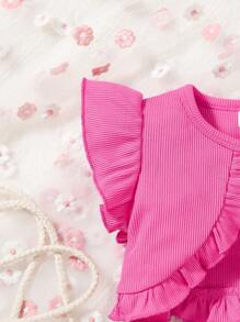 女婴春季玫红色短款披肩配黑色下摆蝴蝶印花无袖连衣裙套装