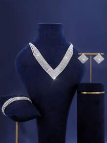 1 条项链、1 个耳环、1 条手链 - 奢华水钻爪链项链、耳环、手链新娘首饰套装 - 适合女性日常佩戴、婚礼、派对等。 - 金色 - 查看 2