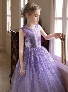 少女紫色亮片奢华连衣裙，蓬松薄纱生日/婚礼派对礼服 - 紫色 - 查看 6