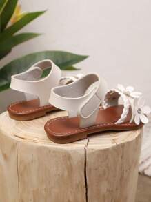 1 Pair Girls' Beige Flat Sandals, Soft PU Woven Upper With Shiny Rhinestone Flower Decor, Classic Strap Design Open Toe Fashion Casual Beach Sandals, Suitable For 3-12 Years Old, Spring/Summer New Arrival - Beige - View 4