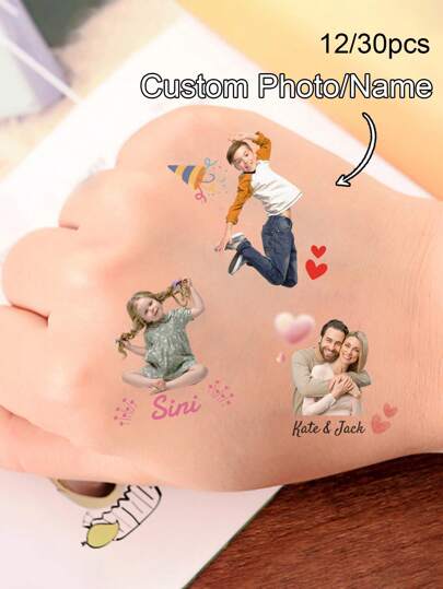 12/24/30/60/120/150/300 st. Anpassade tillfälliga tatueringsklistermärken, personliga fototatueringsklistermärken, personliga bildtatueringsklistermärken, anpassade alla hjärtans dag-presenter, lämplig för olika fester som födelsedagsfiranden, multifunktionell, dekorativ modern, färgglad, fritid, grunder, casual, mjuk, unik, anpassad, personlig, anpassad, flickvän, henne, pojkvän, vänner, skönhet och hälsa, halloween-redigering, anpassade porträtttatueringsklistermärken