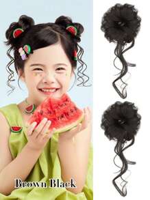 2PCS Kid's Hair Bun Extensions Wig Ring Synthetic Children's Wig Girl Flower Head Hair Artifact Wig Elastic Rubber Band Hair Bun Chignon Kid Children Wig Hair Accessories