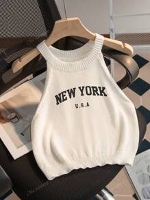 Nouveau Top d'été pour femme avec encolure ronde, motif imprimé de lettres New York en blanc, style simple et élégant, convient pour les trajets, hauts d'été pour femmes