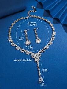 3pcs Set Fashion Long Tassel Artificial Crystal Pendant Necklace & Earrings Set, Gold, Suitable For Women Wedding, Party Wear And Holiday Gifts