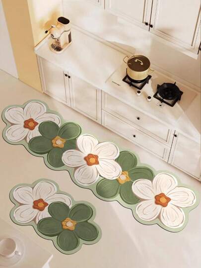 1 pezzo Tappeto da cucina con stampa floreale a contrasto bianco e verde, antiscivolo e resistente all'olio, impermeabile, per ingresso, cucina, soggiorno, lavanderia, bagno, solo per decorazione, lavaggio a mano