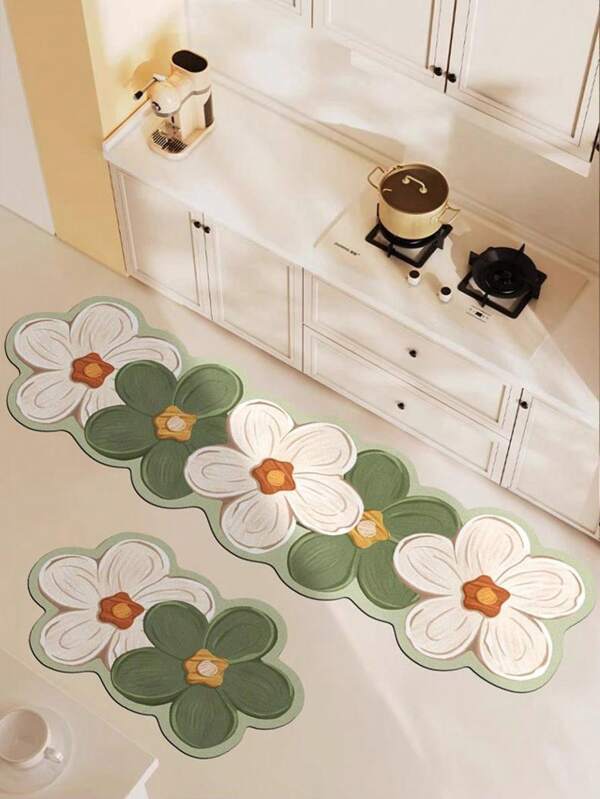 1 Stück Kontrast Blumen bedruckter Küchenbodenläufer in Weiß & Grün, rutschfest, öldicht, wasserdicht, für Eingang, Küche, Wohnzimmer, Waschküche, Bad Heim-Deko, nur für Raumdekoration, Handwäsche