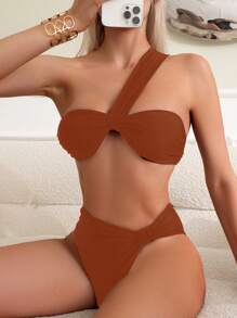 Summer Women 2Pcs Bikini Set, Asymmetric Bandeau Solid Color Swimwear - Coffee Brown - View 1