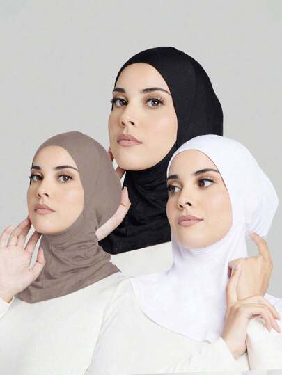 3pcs Women Fashion Solid Color Combo Set: Elastic Underscarf Cap, Hijab Neck Scarf, Undercover Headscarf Compatible With Abaya, Daily Wear