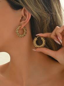 1 Pair Stainless Steel Round Hoop Earrings, Suitable For Parties - Gold - View 3